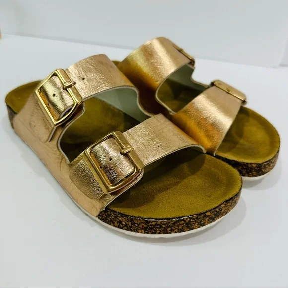 ๐ฉท AUSTIN TRADING CO. WOMENS ROSE GOLD DUAL STRAP CORK SLIDES SIZE 7 GOOD - Picture 11 of 13